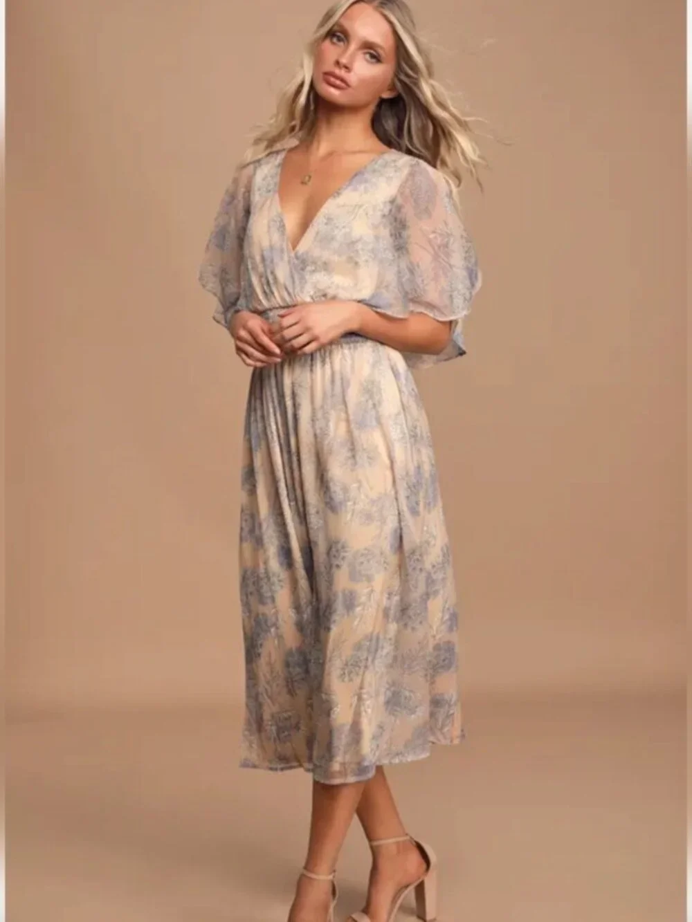 NWT Lulus Subtle Romance Beige Floral Print Ruffled Midi Dress - Women's X-Large